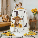 Personalised Cute Highland Cow Sunflowers Soft Throw Blanket with Name and Initial Home Decor Birthday Baby Shower Gift for Kids