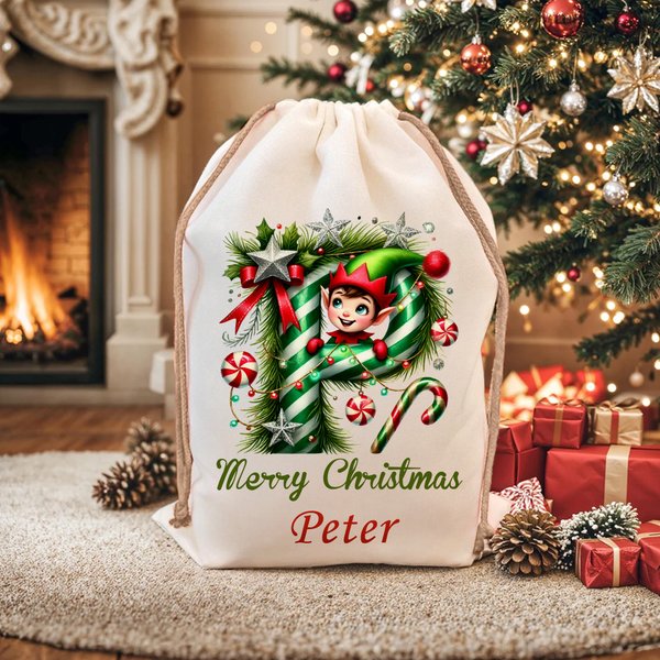 Personalised Merry Christmas Cute Elf Canvas Drawstring Gift Bag with Name and Initial First Christmas Party Favors for Kids Family