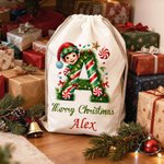 Personalised Merry Christmas Cute Elf Canvas Drawstring Gift Bag with Name and Initial First Christmas Party Favors for Kids Family
