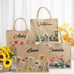 Personalized Birth Flower Large Jute Tote Bag with Name Birthday Anniversary Christmas Gift for Women