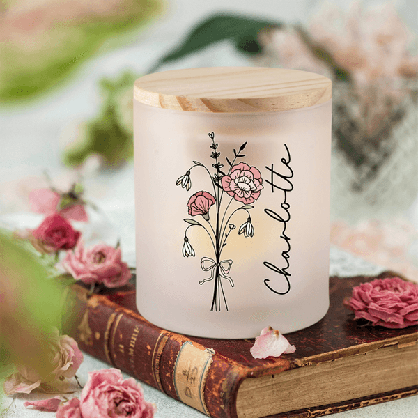 Personalised Birth Flower Bouquet LED Candle Jar with Name and Wooden Lid Christmas Birthday Gift for Family Friends