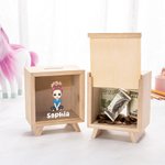 Henkilökohtainen söpö sarjakuvahahmo puinen selkeä Piggy Bank Money Box nimi syntymäpäivä lasten päivä lahja pojille tytöille