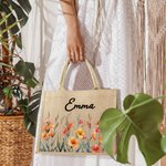 Personalized Birth Flower Large Jute Tote Bag with Name Birthday Anniversary Christmas Gift for Women