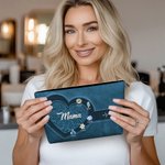 Personalized Retro Heart Design 1-12 Birth Flowers Portable Makeup Bag with Name and Title Birthday Anniversary Christmas Gift for Mom Grandma