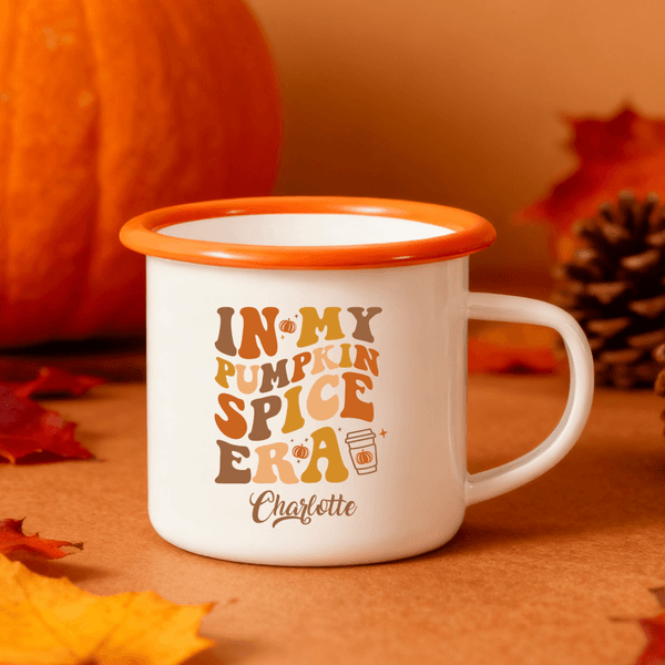 Personalized In My Pumpkin Spice Era 12 oz Enamel Mug with Name Thanksgiving Day Birthday Gift for Family Kids