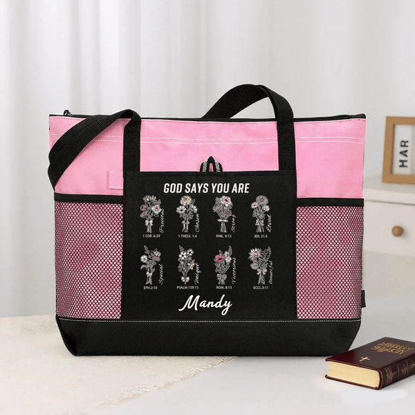 Personalized God Says Bible Verse Floral Tote Bag with Name Travel Essentials Birthday Anniversary Gift for Christian Women