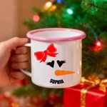 Personalized Cute Carrot Nose Snowman Face Design 12 oz Enamel Mug with Name Daily Use Christmas Gift for Kids