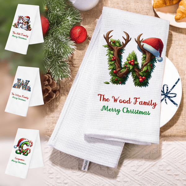 Personalized Christmas Elf Tree Snowman House Initial Waffle Tea Towel with Text Kitchen Decor Christmas Gift for Family Friends