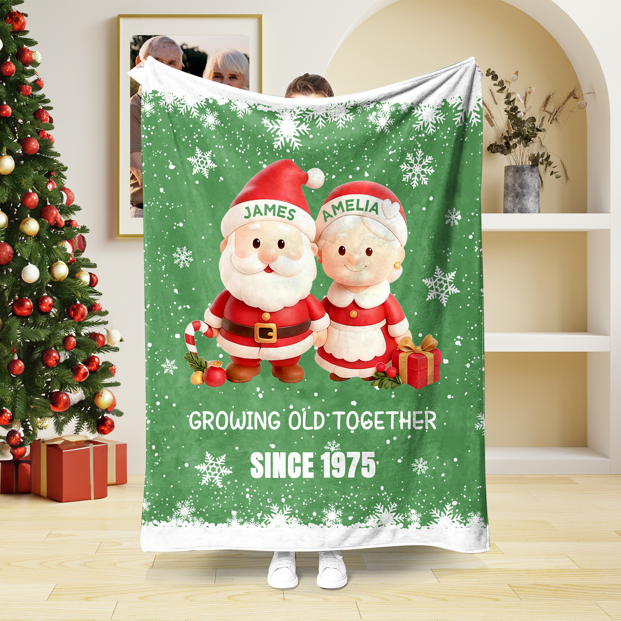Couverture de Noël Personnalisée Couple Growing Old Together avec Nom Texte et Année Décoration de la Maison Cadeau de Noël pour Couple