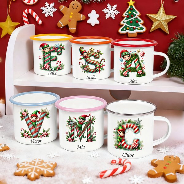 Personalized Cute Elf and Candy Style Initial 12 oz Enamel Mug with Name Home Decoration Christmas Gift for Boys Girls