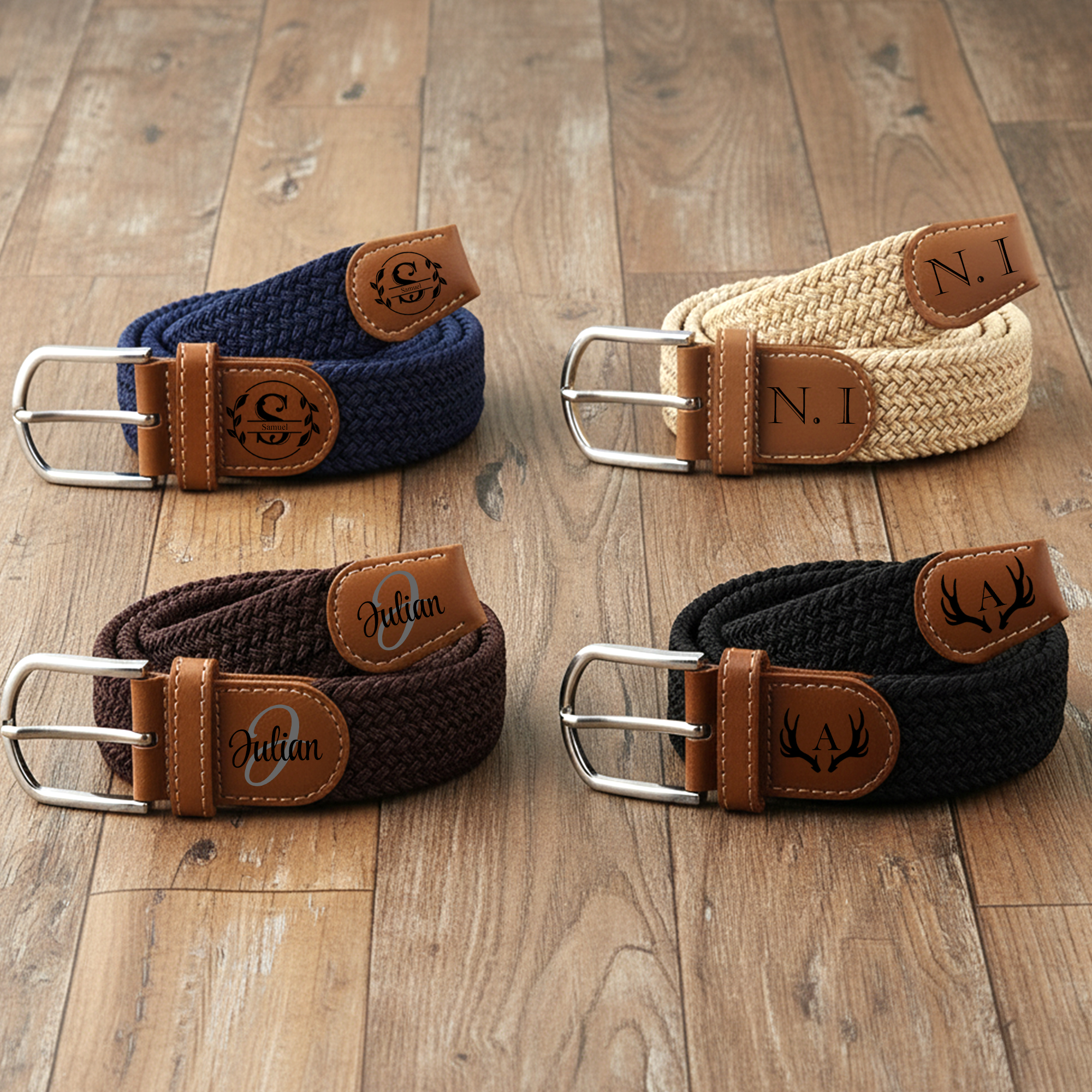 Ceinture Élastique Tissée Sans Trou Personnalisé avec Nom Initiale Style Monogramme Cadeau d'Anniversaire pour Homme Père