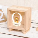 Hucha de madera transparente personalizada con animales del bosque nombre e iniciales regalo de cumpleaños y Día del Niño para niños y niñas