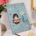 Personalised Book Cartoon Reading Character A5 A6 PU Leather Notebook with Name and Birth Flower Birthday Gift for Bookworms