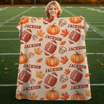 Personalized Football Autumn Pumpkin Maple Leaf Soft Throw Blanket with Names Home Decor Birthday Thanksgiving Day Gift for Football Lovers Family