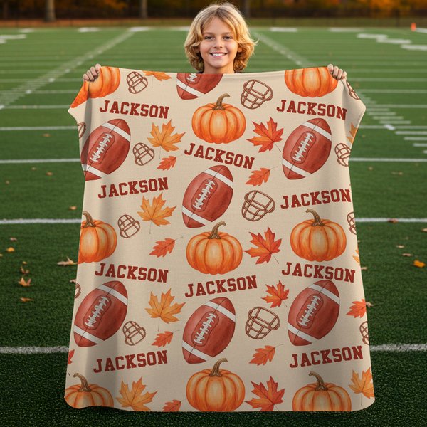 Personalized Football Autumn Pumpkin Maple Leaf Soft Throw Blanket with Names Home Decor Birthday Thanksgiving Day Gift for Football Lovers Family