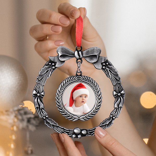 Personalized Bow Wreath Photo Christmas Ornament Tree Decor Christmas Gift for Family Friend