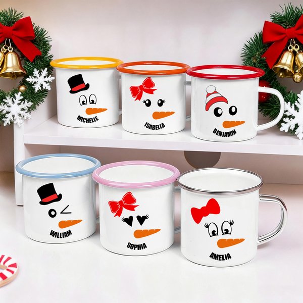 Personalized Cute Carrot Nose Snowman Face Design 12 oz Enamel Mug with Name Daily Use Christmas Gift for Kids