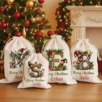Personalised Merry Christmas Cute Elf Canvas Drawstring Gift Bag with Name and Initial First Christmas Party Favors for Kids Family