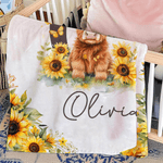 Personalised Cute Highland Cow Sunflowers Soft Throw Blanket with Name and Initial Home Decor Birthday Baby Shower Gift for Kids
