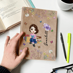 Personalised Book Cartoon Reading Character A5 A6 PU Leather Notebook with Name and Birth Flower Birthday Gift for Bookworms