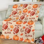 Personalized Football Autumn Pumpkin Maple Leaf Soft Throw Blanket with Names Home Decor Birthday Thanksgiving Day Gift for Football Lovers Family