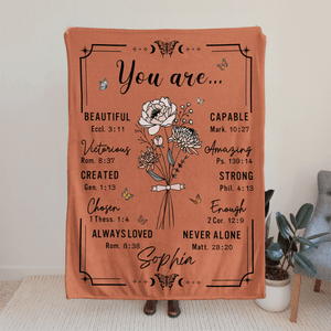 Personalized You Are Birth Flower Bible Verse Design Soft Throw Blanket with Name Religious Day Birthday Christmas Gift for Christian Women