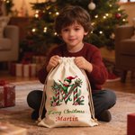 Personalised Merry Christmas Cute Elf Canvas Drawstring Gift Bag with Name and Initial First Christmas Party Favors for Kids Family