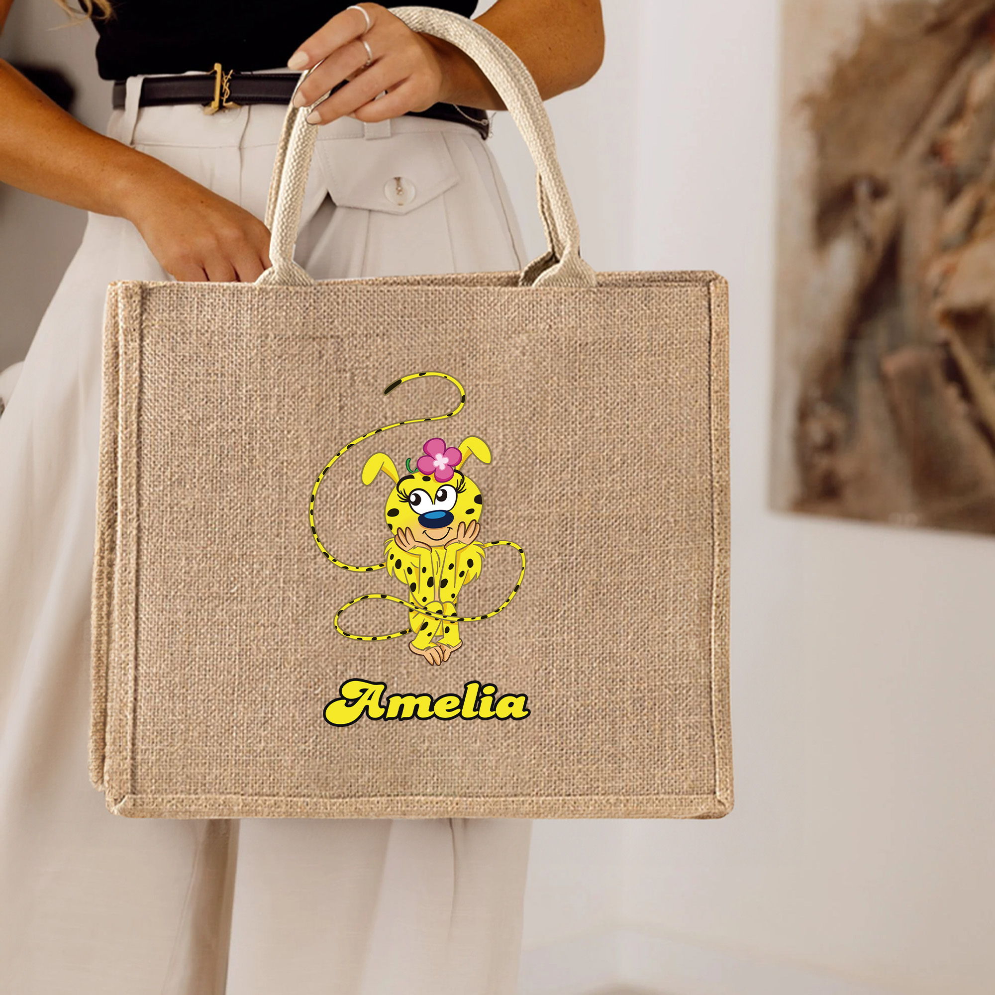Marsupilami mignon à queue longue Sac en jute avec nom Anniversaire Noël Cadeau pour les amis Enfants Callie × Marsupilami