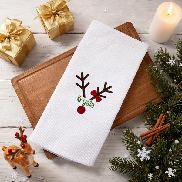 Personalised Embroidered Christmas Reindeer Waffle Tea Towel with Name Kitchen Decor Christmas Gift for Family Friend