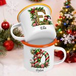 Personalized Cute Elf and Candy Style Initial 12 oz Enamel Mug with Name Home Decoration Christmas Gift for Boys Girls