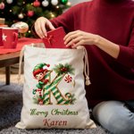 Personalised Merry Christmas Cute Elf Canvas Drawstring Gift Bag with Name and Initial First Christmas Party Favors for Kids Family