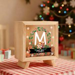 Personalized Cute Animal Christmas Wreath Wood Clear Money Box Piggy Bank with Name and Initial Desk Decor Christmas Gift for Kids