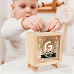 Personalized Cute Animal Christmas Wreath Wood Clear Money Box Piggy Bank with Name and Initial Desk Decor Christmas Gift for Kids
