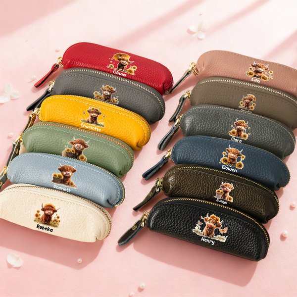 Personalized Sunflower Highland Cow Mini PU Leather Coin Purse with Name Travel Essential Birthday Daily Use Christmas Gift for Women