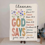 Personalised God Says Flower Bible Soft Throw Blanket with Name Home Decor Christmas Gift for Kids Christians Families