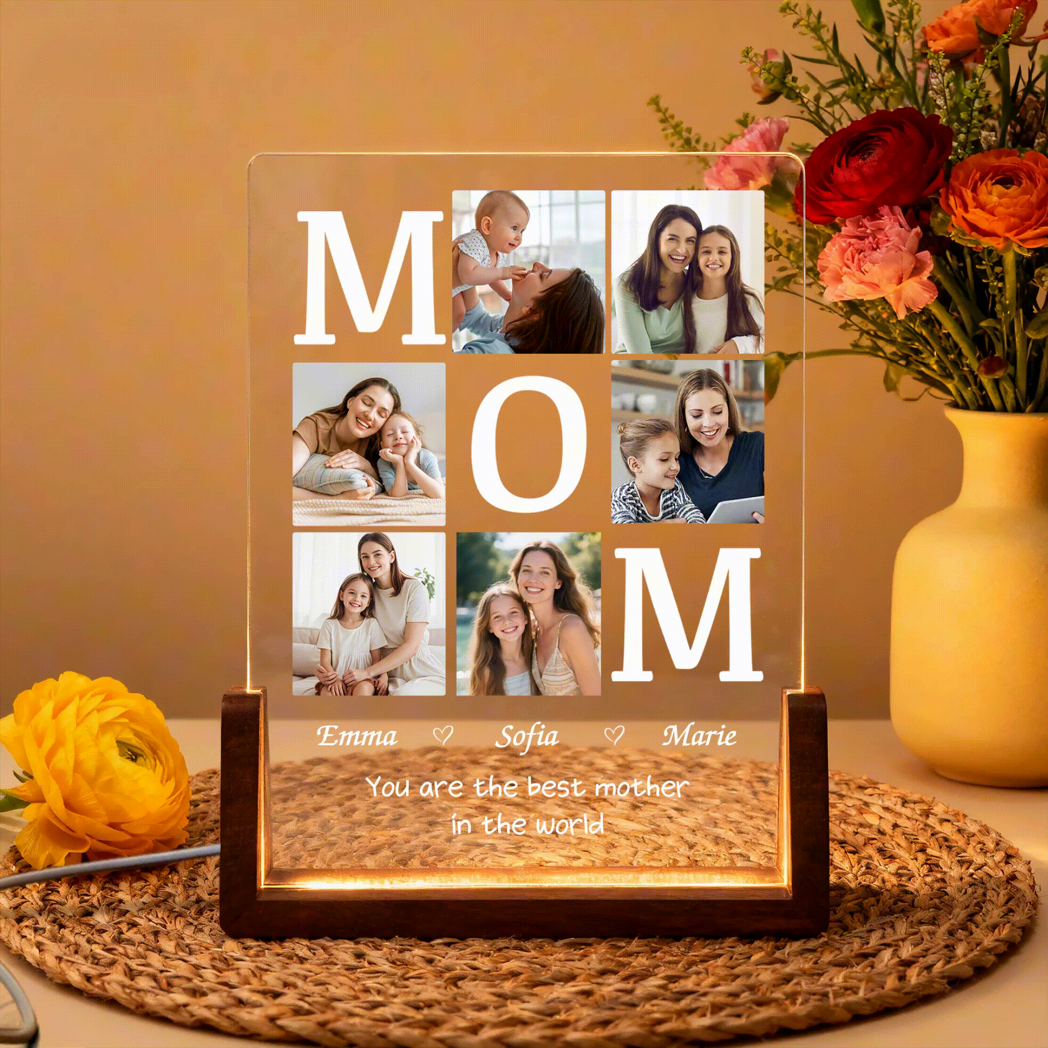 Personalised 6 Photos Acrylic LED Night Light with Wooden Base Title Text and Name Birthday Anniversary Gift for Mom Dad Grandparents