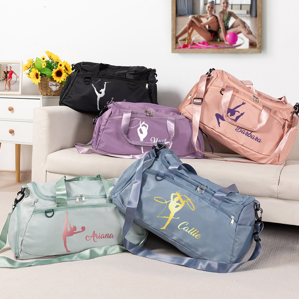 Silhouette de gymnastique rythmique personnalisée Sac de voyage imperméable avec nom Accessoire de voyage Cadeau d'anniversaire pour les amateurs de gymnastique