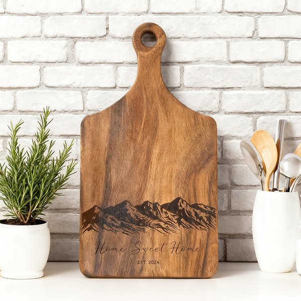 Personalized Engraved Flower Mountain Wood Charcuterie Cutting Board with Handle and Name Made in USA Wedding Gift for Family