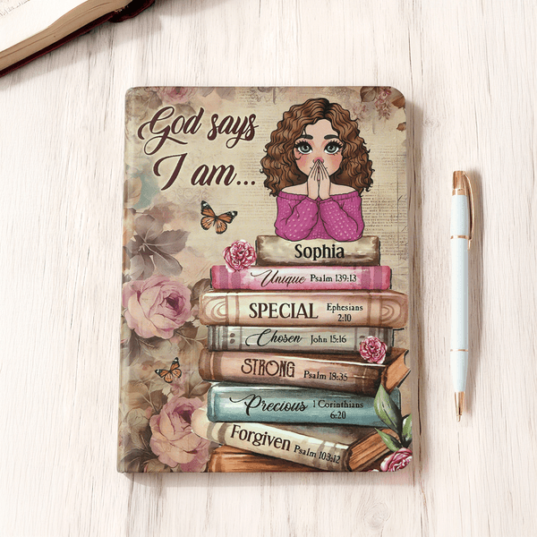 Personalized God Says I Am Bible Verse Cartoon Character Watercolour A5 Notebook with Name Birthday Gift for Christians Diary Enthusiasts