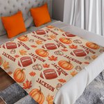 Personalized Football Autumn Pumpkin Maple Leaf Soft Throw Blanket with Names Home Decor Birthday Thanksgiving Day Gift for Football Lovers Family