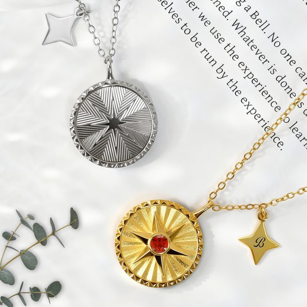 Personalized Hexagram Guardian Energy Coin Medal Necklace with Birthstone and Initial Dainty Family Jewelry Birthday Anniversary Gift for Women Men