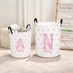 Personalised Coquette Bow Initial Name Laundry Basket with Handle Large Waterproof Storage Basket Nursery Decor Birthday Gift for Baby Girl