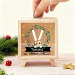Personalized Cute Animal Christmas Wreath Wood Clear Money Box Piggy Bank with Name and Initial Desk Decor Christmas Gift for Kids