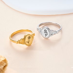 Personalised Engraved Birth Flower Signet Ring  Dainty Jewellery Anniversary Christmas Birthday Gift for Her