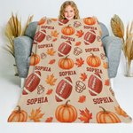 Personalized Football Autumn Pumpkin Maple Leaf Soft Throw Blanket with Names Home Decor Birthday Thanksgiving Day Gift for Football Lovers Family