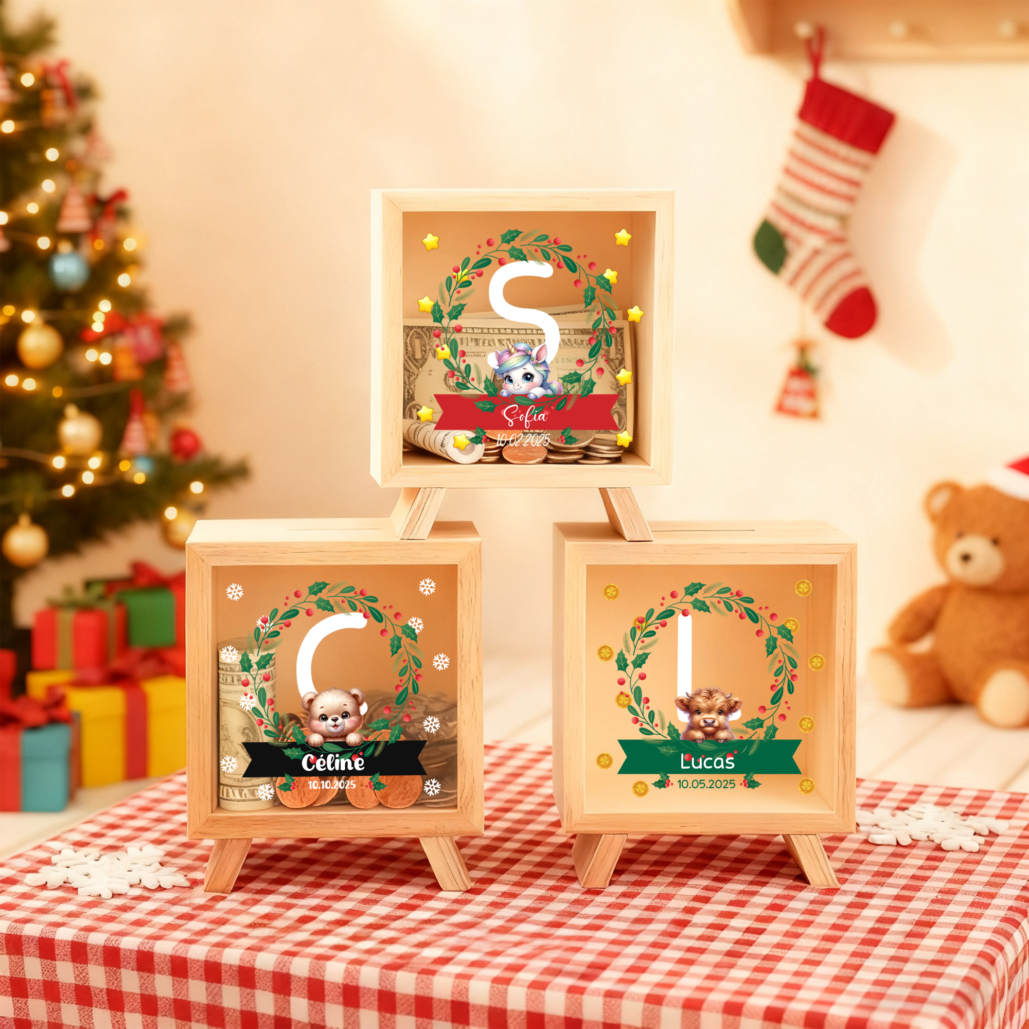Tirelire Transparente en Bois Personnalisée avec Animal Mignon Nom et Initiale Décoration de Bureau Cadeau Noël pour Enfants