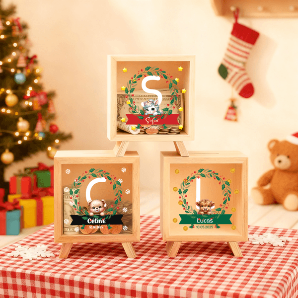 Personalized Cute Animal Christmas Wreath Wood Clear Money Box Piggy Bank with Name and Initial Desk Decor Christmas Gift for Kids