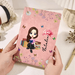 Personalised Book Cartoon Reading Character A5 A6 PU Leather Notebook with Name and Birth Flower Birthday Gift for Bookworms