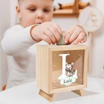 Hucha de madera transparente personalizada con animales del bosque nombre e iniciales regalo de cumpleaños y Día del Niño para niños y niñas