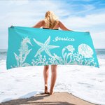 Personalised Multicolor Seahorse Starfish Quick Dry Oversized Beach Towel with Name Summer Travel Essentials Vacation Gift for Family Friend